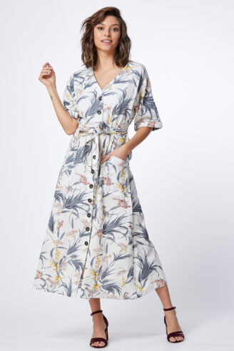 שמלה במראה פשתן  מודפסת