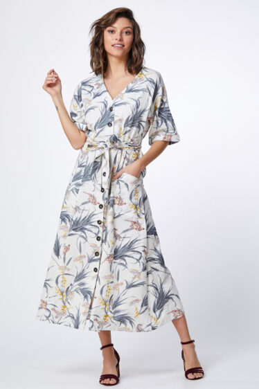 שמלה במראה פשתן מודפסת