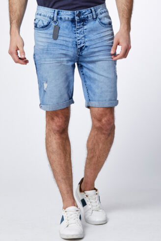 מכנס ברמודה ג'ינס כחול בהיר קרעים
