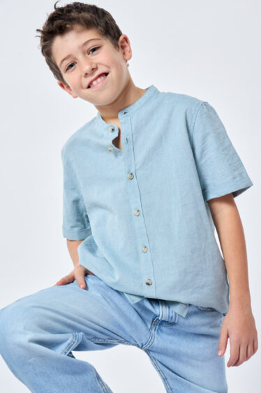 חולצת ילדים במראה פשתן צווארון סיני