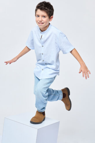 חולצת ילדים במראה פשתן צווארון סיני