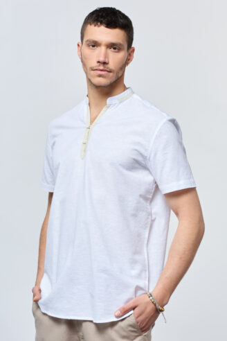 חולצת גלביה בשילוב פשתן Piping - לבן