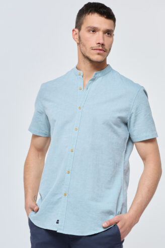 חולצה מכופתרת בשילוב פשתן צווארון סיני - תכלת