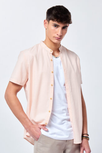 חולצה מכופתרת בשילוב פשתן צווארון סיני - כתום בהיר