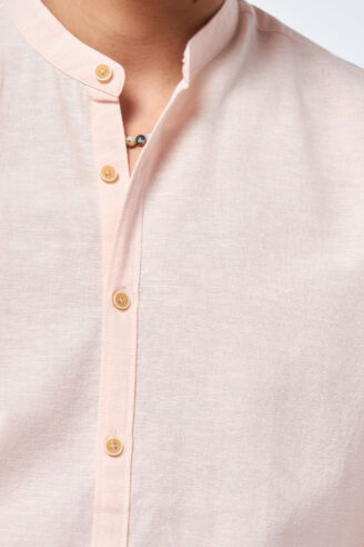 חולצה מכופתרת בשילוב פשתן צווארון סיני - כתום בהיר