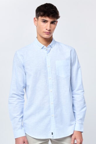 חולצה מכופתרת בשילוב פשתן גזרה רחבה - כחול בהיר