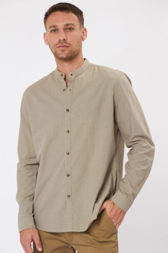 חולצה מכופתרת צווארון סיני בשילוב פשתן - זית