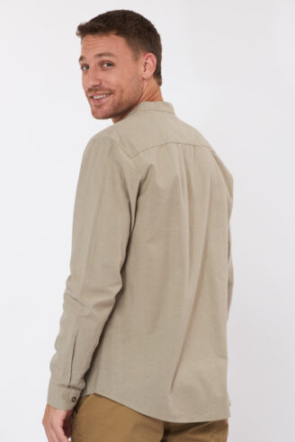 חולצה מכופתרת צווארון סיני בשילוב פשתן - זית