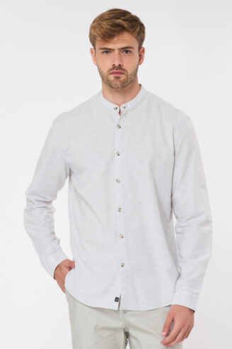 חולצה מכופתרת צווארון סיני בשילוב פשתן - אפרפר