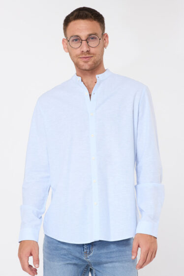 חולצה מכופתרת צווארון סיני בשילוב פשתן - תכלת