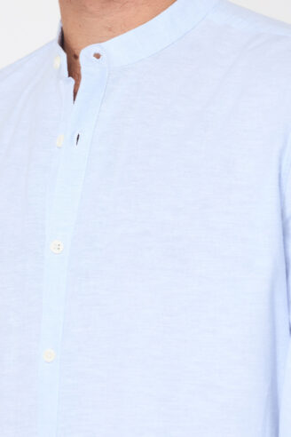 חולצה מכופתרת צווארון סיני בשילוב פשתן - תכלת