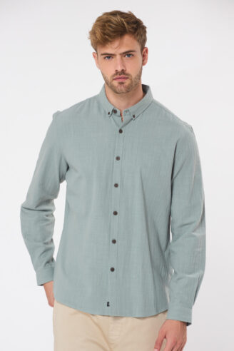 חולצה מכופתרת בד במרקם טבעי - ירוק