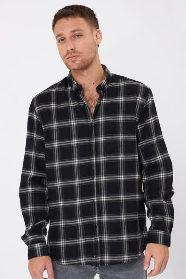 חולצת פלנל משבצות עם כיס - שחור