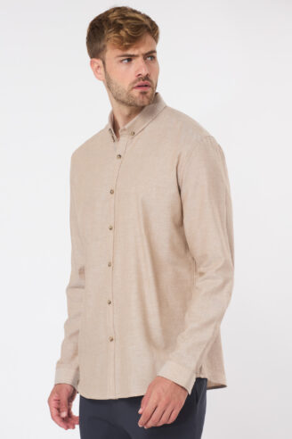 חולצה מכופתרת twill flanel - בז' מלנש