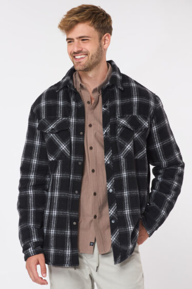 ג'קט מעיל עבה משבצות עם בטנת פרווה - שחור