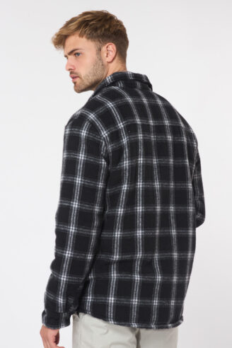 ג'קט מעיל עבה משבצות עם בטנת פרווה - שחור