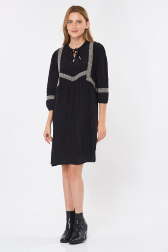 שמלת אריג בשילוב תחרה - שחור