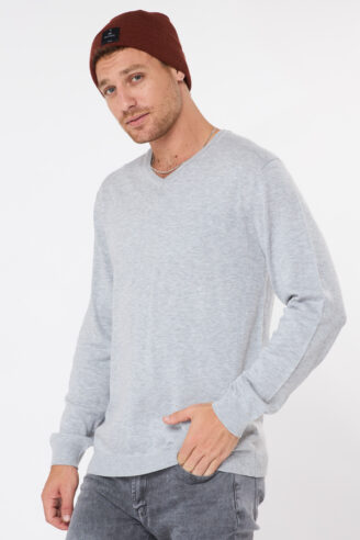 סריג בייסיק צווארון וי - אפור מלנש בהיר