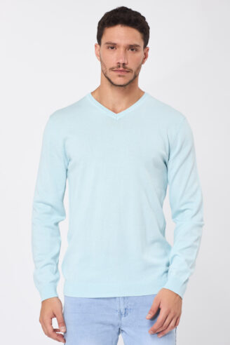 סריג בייסיק צווארון וי - תכלת