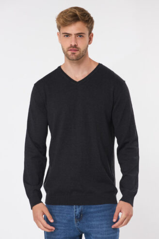 סריג בייסיק צווארון וי - פחם כהה