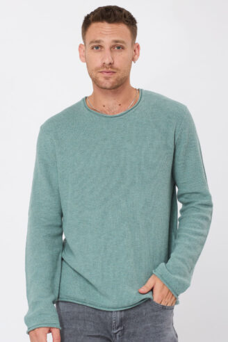 סריג קל סריגת ואפל צווארון עגול - ירוק בהיר