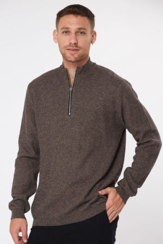 סריג קל סריגת ואפל צווארון רוכסן - חום מיקס