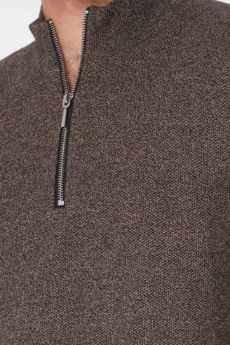 סריג קל סריגת ואפל צווארון רוכסן - חום מיקס