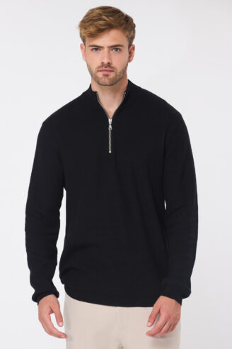 סריג קל סריגת ואפל צווארון רוכסן - שחור סריג קל סריגת ואפל צווארון רוכסן - שחור