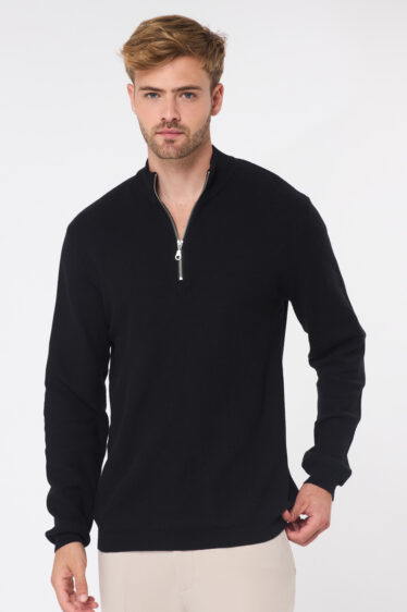 סריג קל סריגת ואפל צווארון רוכסן - שחור