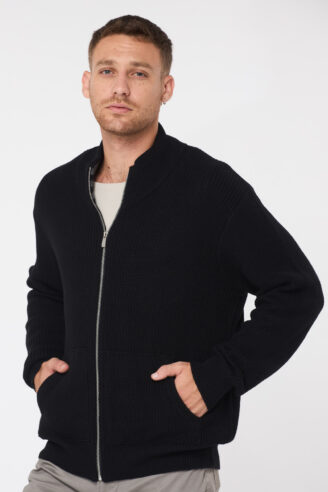 סוודר קרדיגן עבה כיס קנגורו - שחור